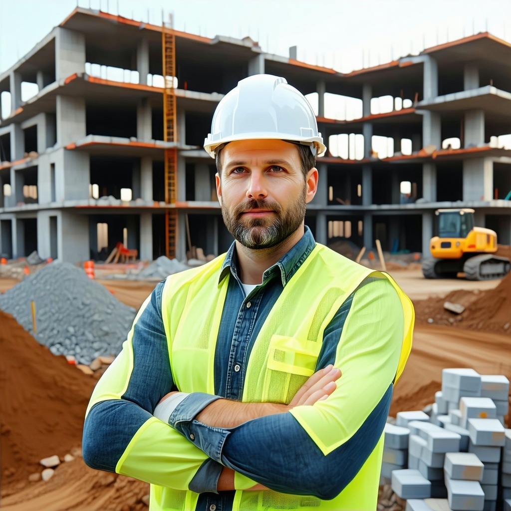 a super realistic image of a construction site manager in front of his ongoing building project