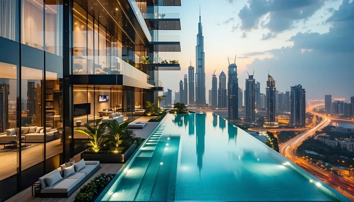 Closeup realistic shot of a luxury Dubai apartment building with a rooftop infinity pool panoramic glass windows ambient evening lighting reflections of the city skyline elegant architectural lines soft modern landscaping around the base calm and...