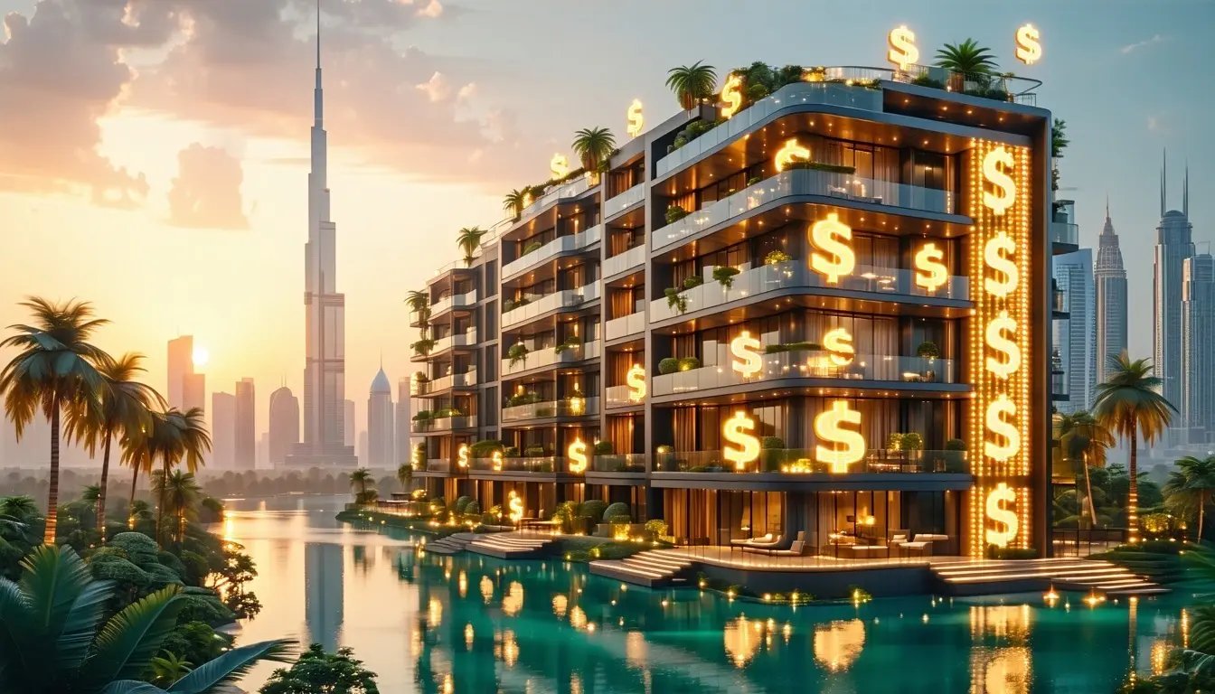 Modern luxury apartment building in Dubai with palm trees sunset lighting peaceful atmosphere passive income concept visualized by money symbols subtly glowing around the building realistic style warm