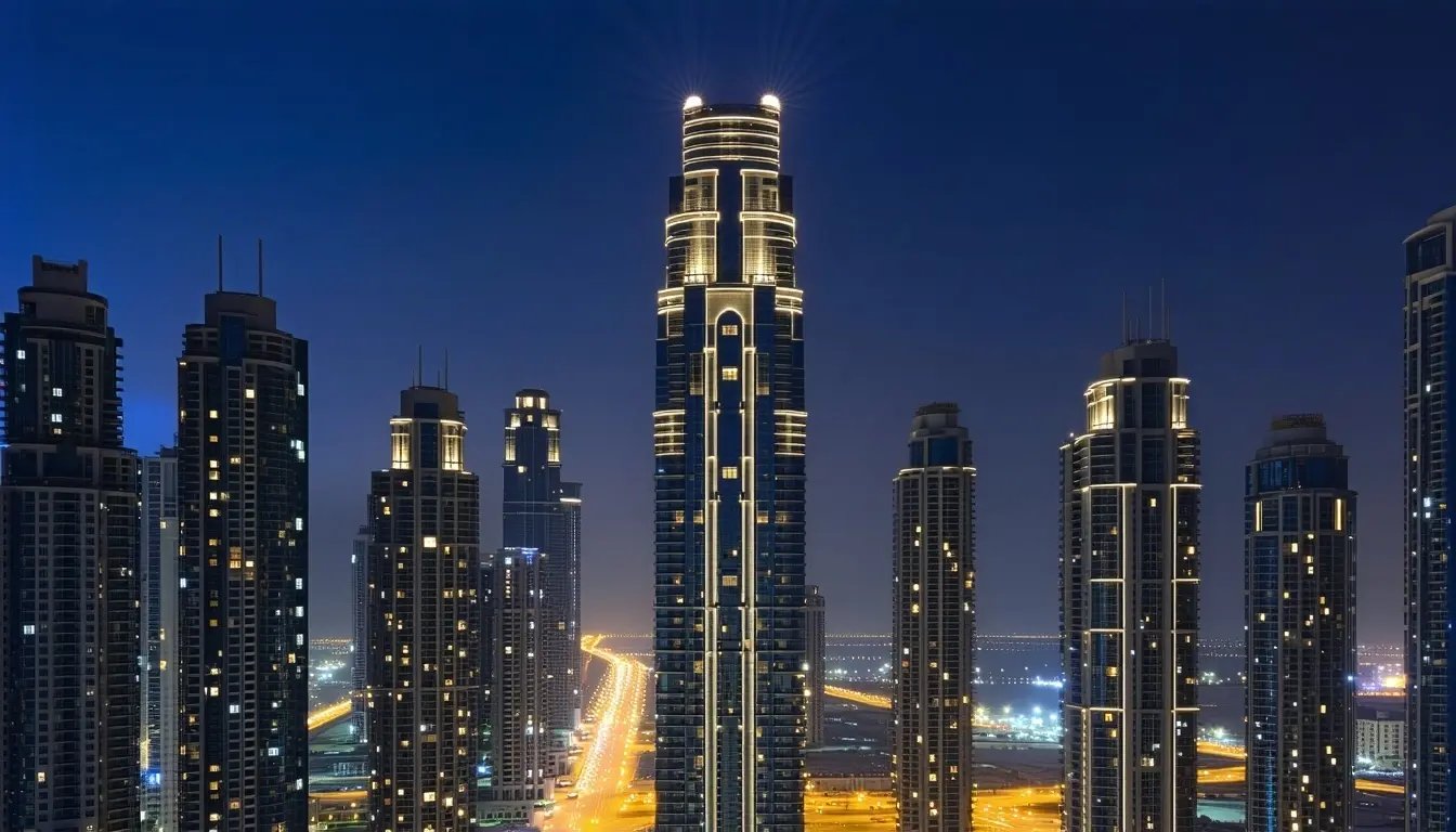 Realistic view of a highend residential tower in Dubai facade illuminated with warm architectural lighting visible luxury interiors through the windows highrise neighbors glowing in the background peaceful upscale ambiance city lights reflectin-1