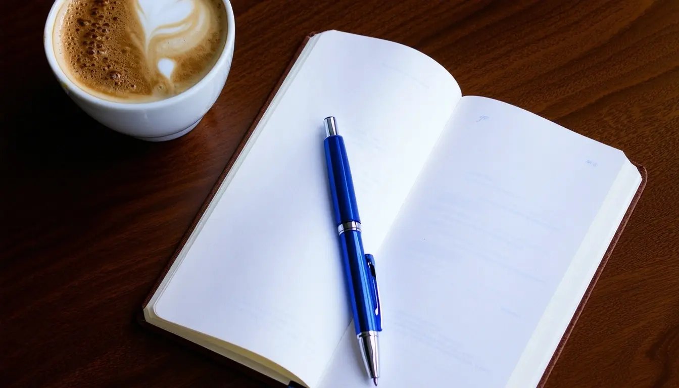 regular notebook on a desk next to a cup of cappuccino-1