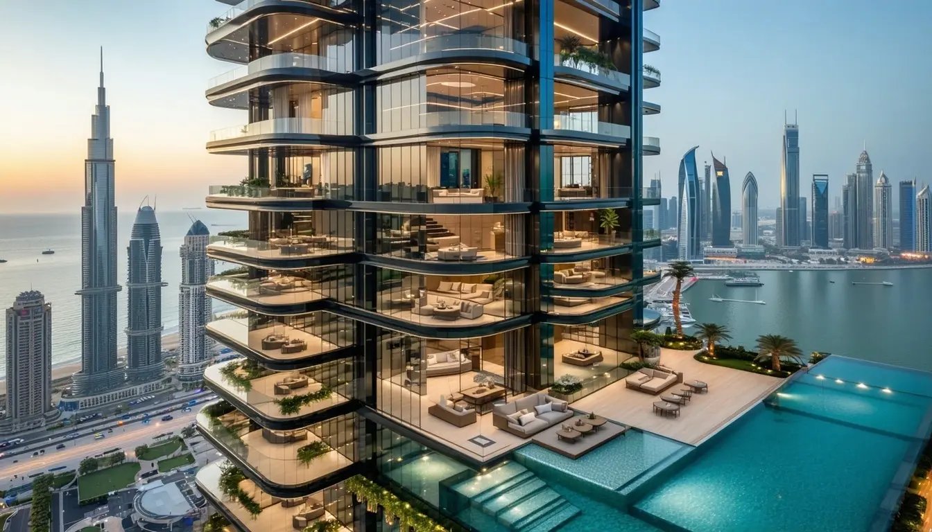 residential building in Dubai is an architectural marvel that seamlessly blends opulence with modern design featuring floortoceiling windows that offer breathtaking panoramic views of the iconic skyl